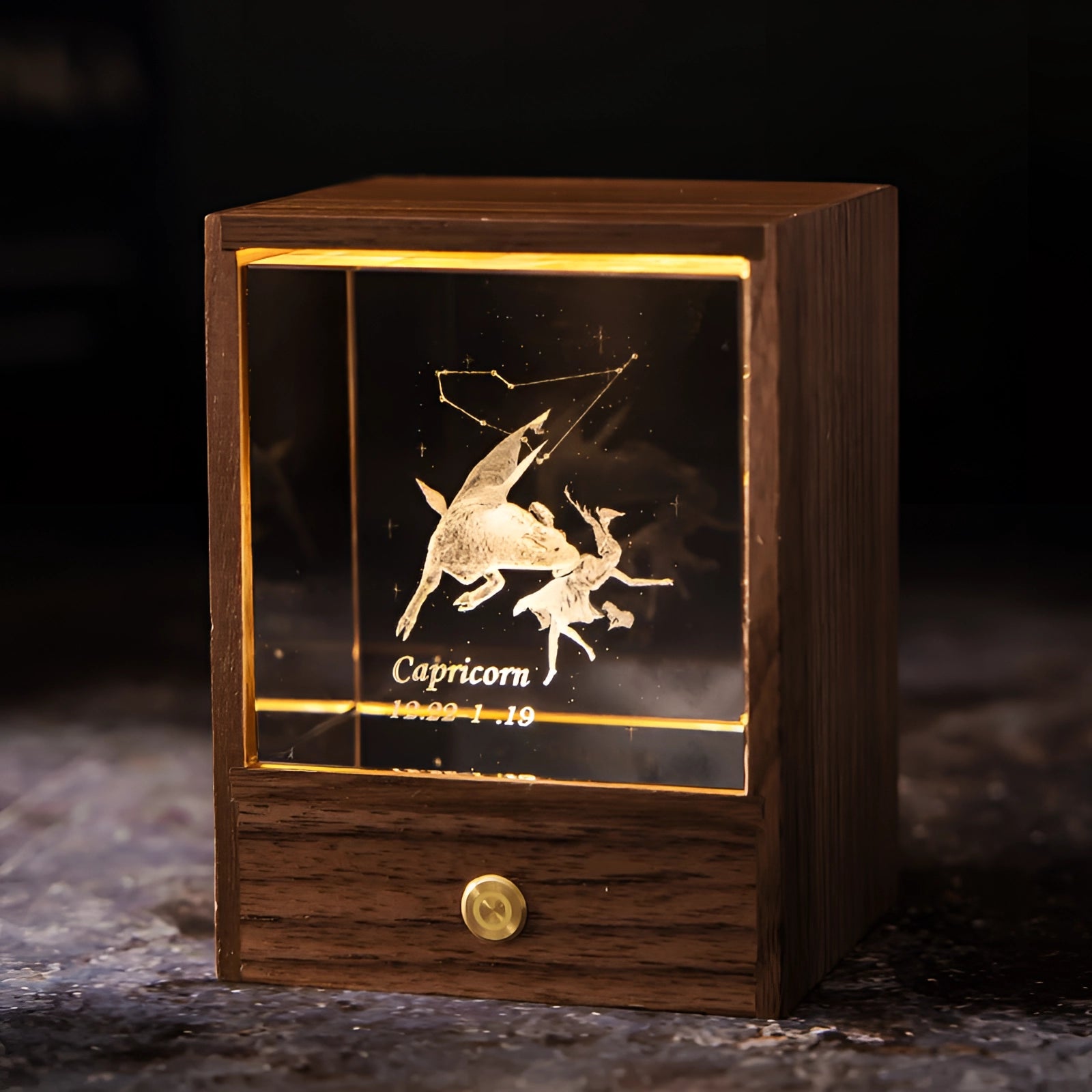 Aquarius Zodiac LED Night Light featuring a personalized lion graphic, with a rectangular wooden base, illuminated in a dark setting, showcasing intricate font and art design.