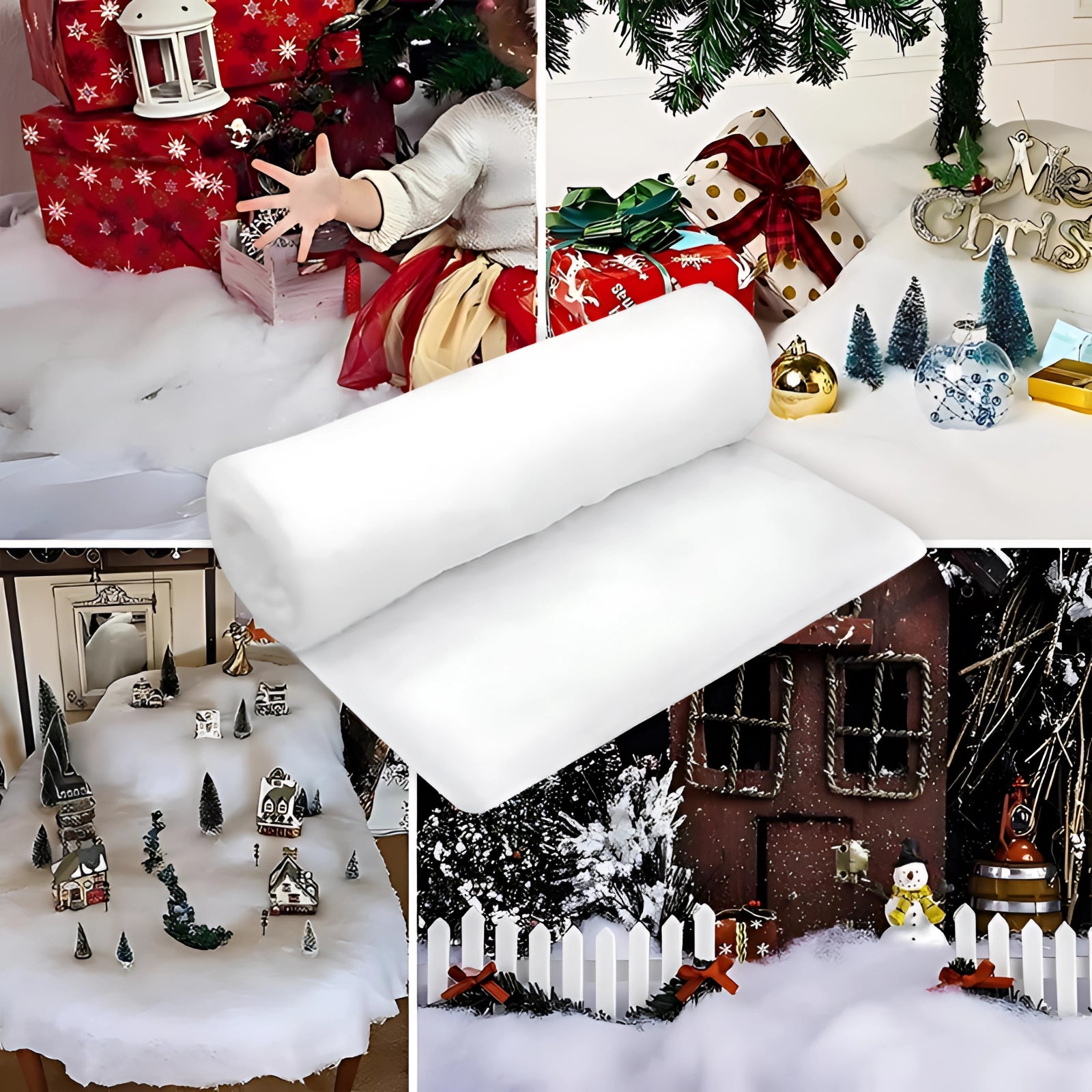 Artificial snow blanket used as a base for a Christmas village display, featuring festive decorations including Santa Claus ornaments and red accents, giving the appearance of a snowy landscape.