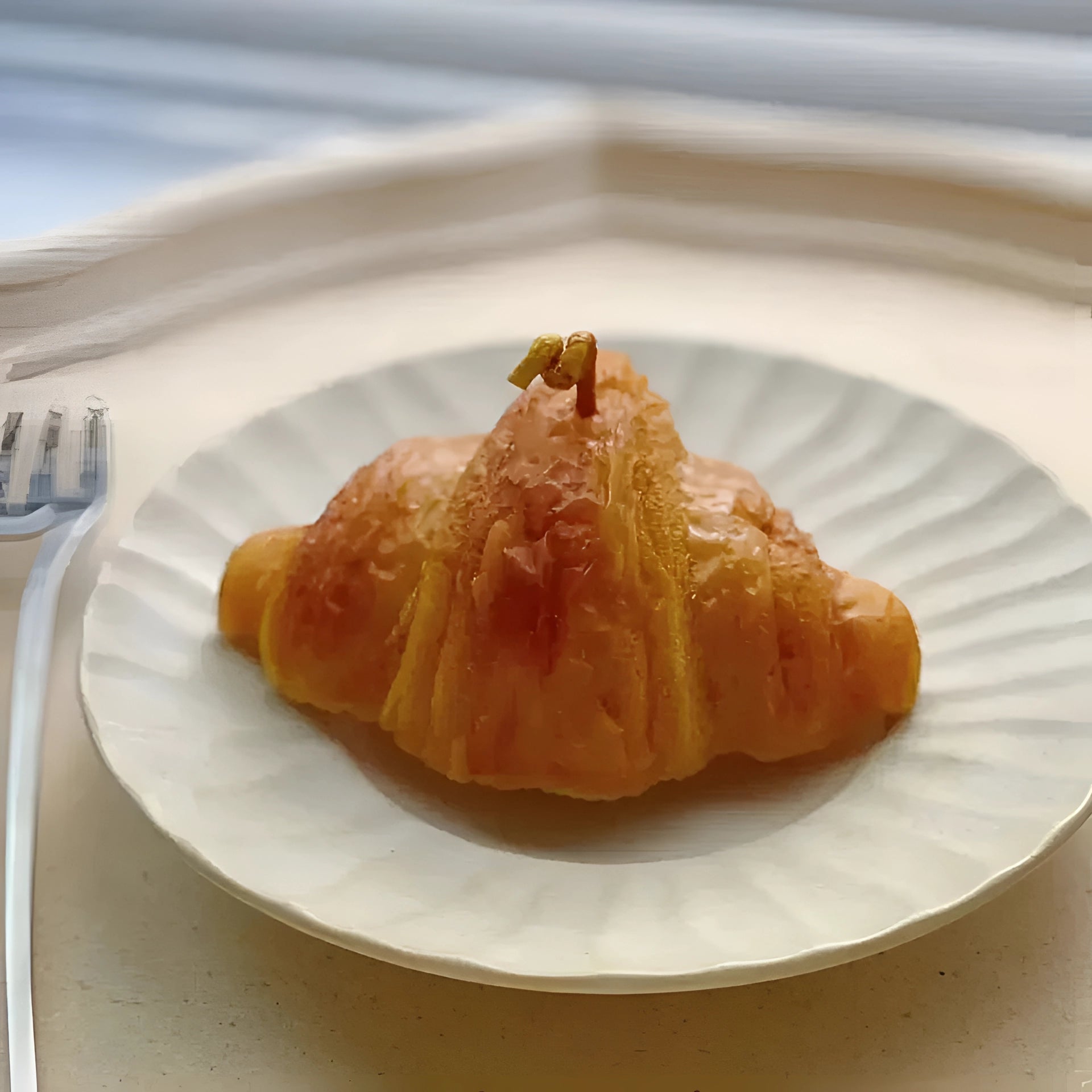 Artisan croissant on a white plate showcasing its flaky, golden-brown layers, placed on a wooden table surrounded by minimal tableware.