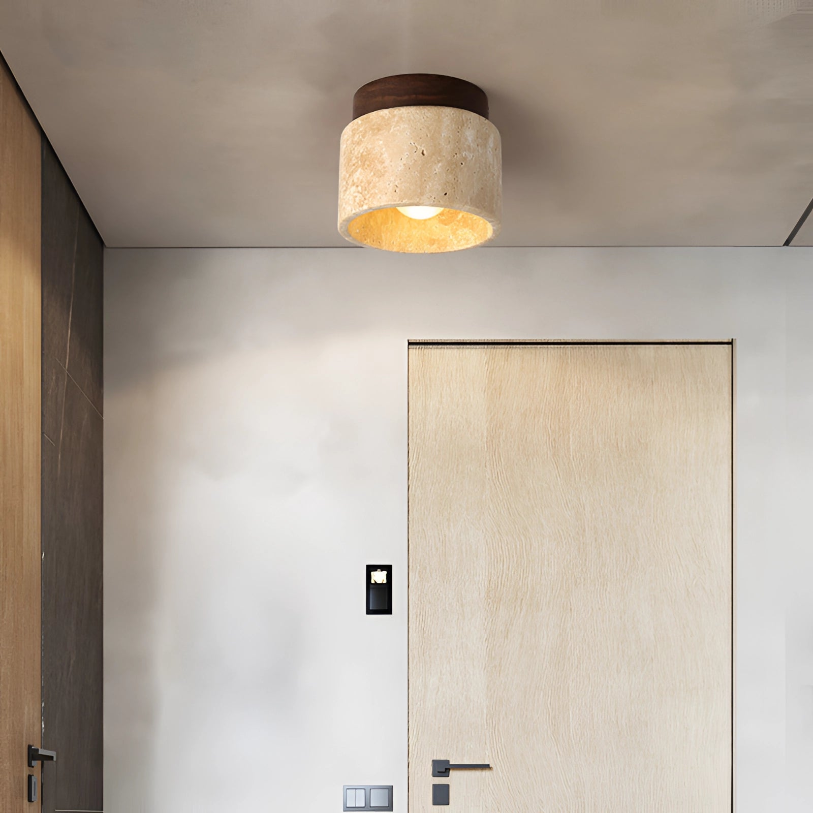 Artisan Stone Finish Eco-Friendly Flush Mount Ceiling Light with a wooden and stone-like appearance, designed for E26 bulb, mounted on a rectangular ceiling area, blending seamlessly with hardwood and natural elements.