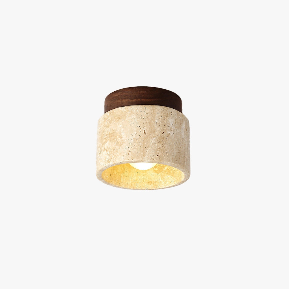 Artisan stone finish eco-friendly flush mount ceiling light featuring a cylindrical shape with a beige color scheme, incorporating wood and metal elements, showcasing a sculpture-like design reminiscent of natural rock formations.