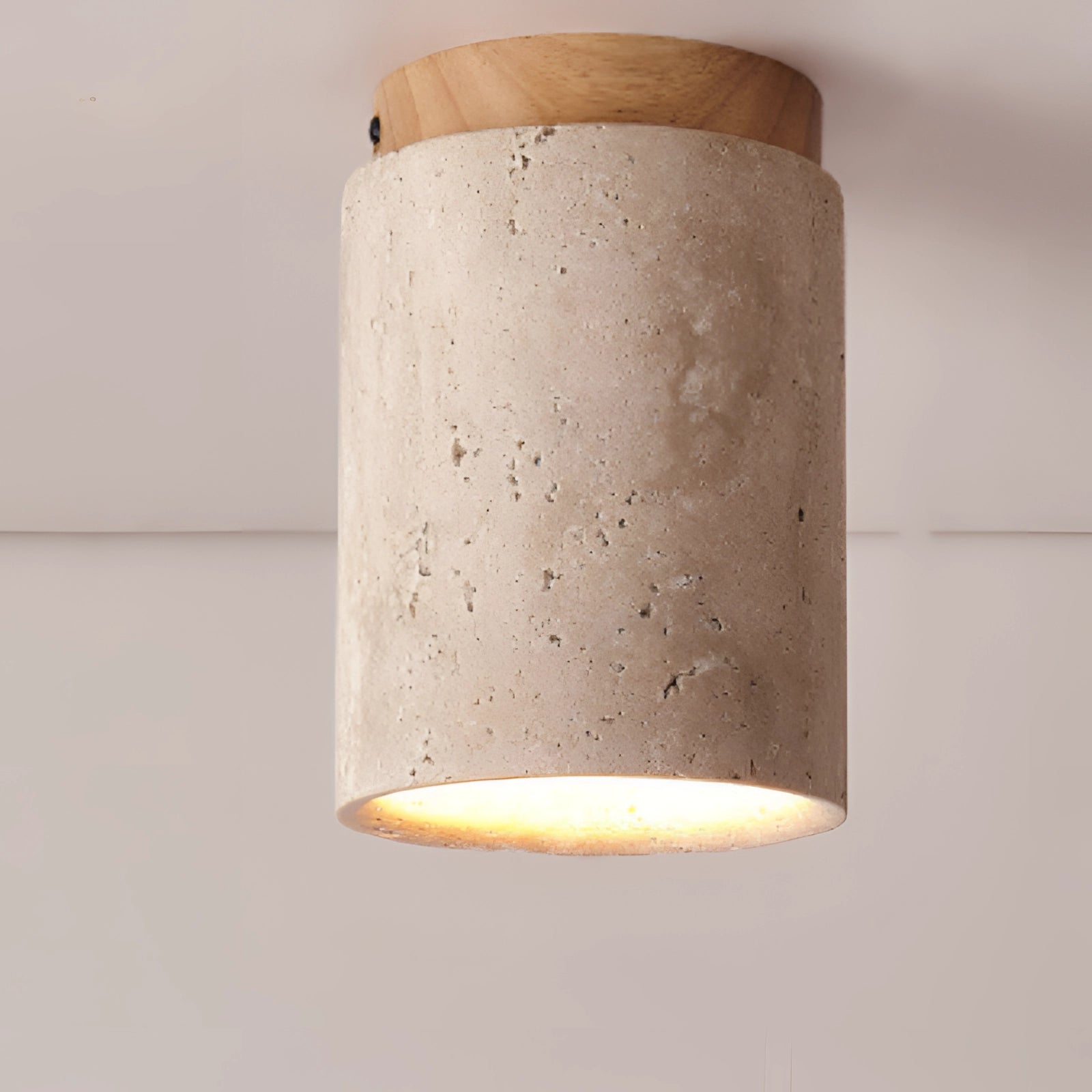 Artisan stone finish eco-friendly flush mount ceiling light with a D wood base, featuring a rectangular wooden design, cylindrical lampshade, and metal accents, suitable for ceiling installation.