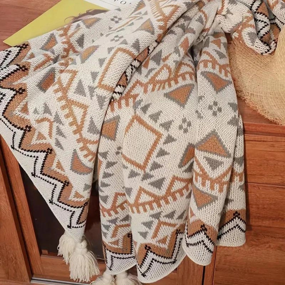 Aztec Pattern Cotton Throw Blanket - Geometric Southwestern Style Decor