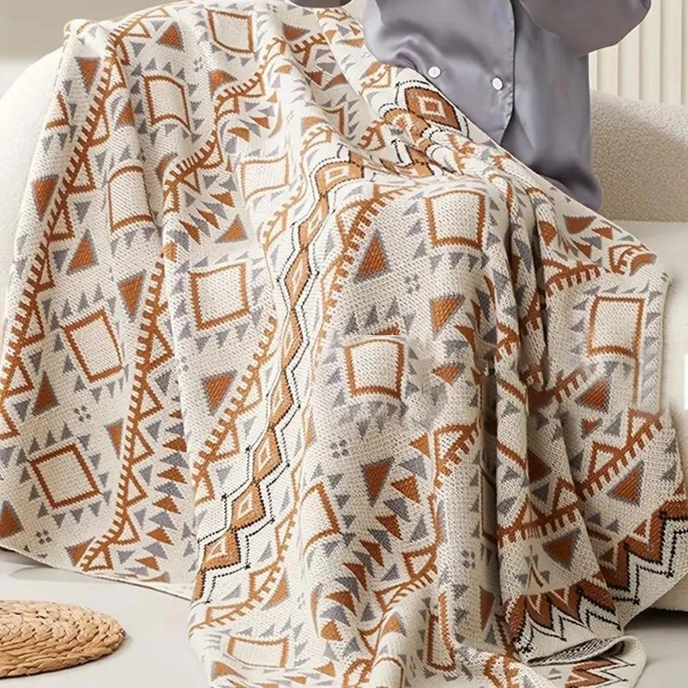 Aztec Pattern Cotton Throw Blanket - Geometric Southwestern Style Decor