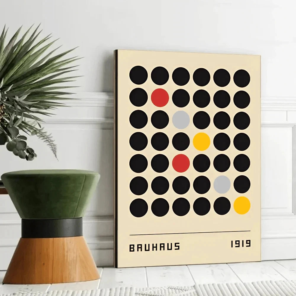 Bauhaus geometric art print featuring mid-century modern design elements in a 21 x 30cm canvas. The design includes abstract lines and shapes, with earthy tones reminiscent of wood and natural textures.