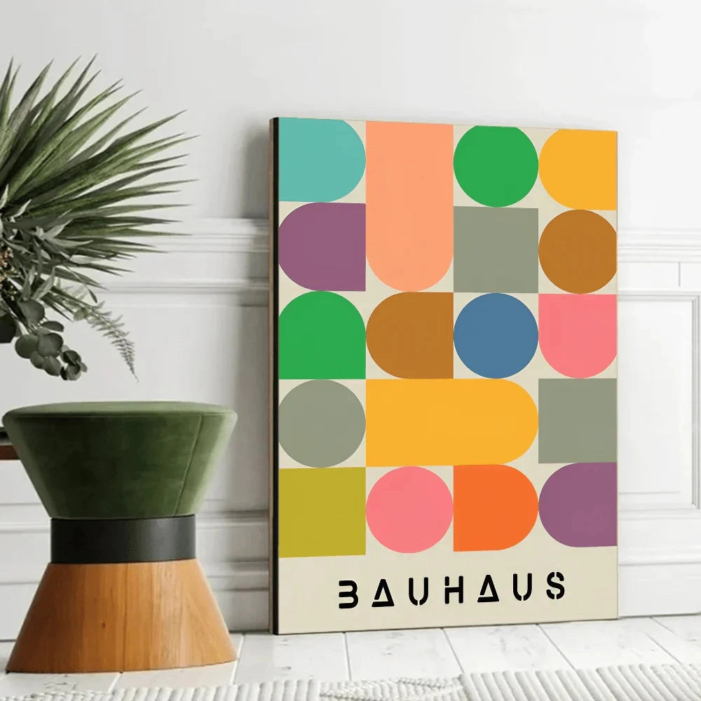 Bauhaus geometric art print featuring mid-century modern design with a combination of rectangles and circles, displayed in a 10 x 15 cm format. The canvas decor includes abstract patterns and lines, possibly with an arrangement of a flowerpot and plant, emphasizing a minimalist aesthetic.