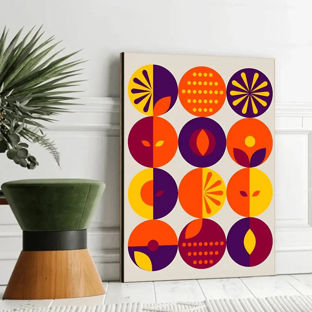 
Geometric art print featuring mid-century modern design elements with a focus on a rectangular shape and abstract plant motifs, styled as a canvas decor piece in Design K, measuring 40 x 50cm.