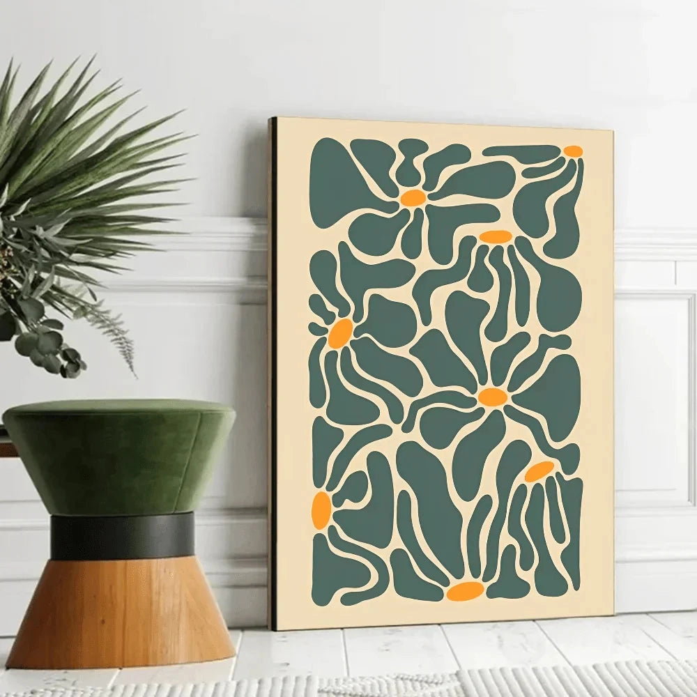 Bauhaus geometric art print featuring a mid-century modern design with green plant elements in a rectangular canvas, displaying natural botany aesthetics with hints of wood and tree motifs.