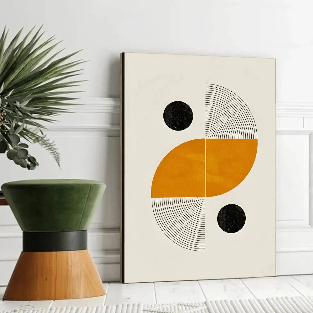 A mid-century modern Bauhaus geometric art print in a 30 x 42 cm size, featuring a minimalist design with a grey color palette. The artwork is displayed in a contemporary setting with houseplants and wooden audio equipment, complementing the overall aesthetic.