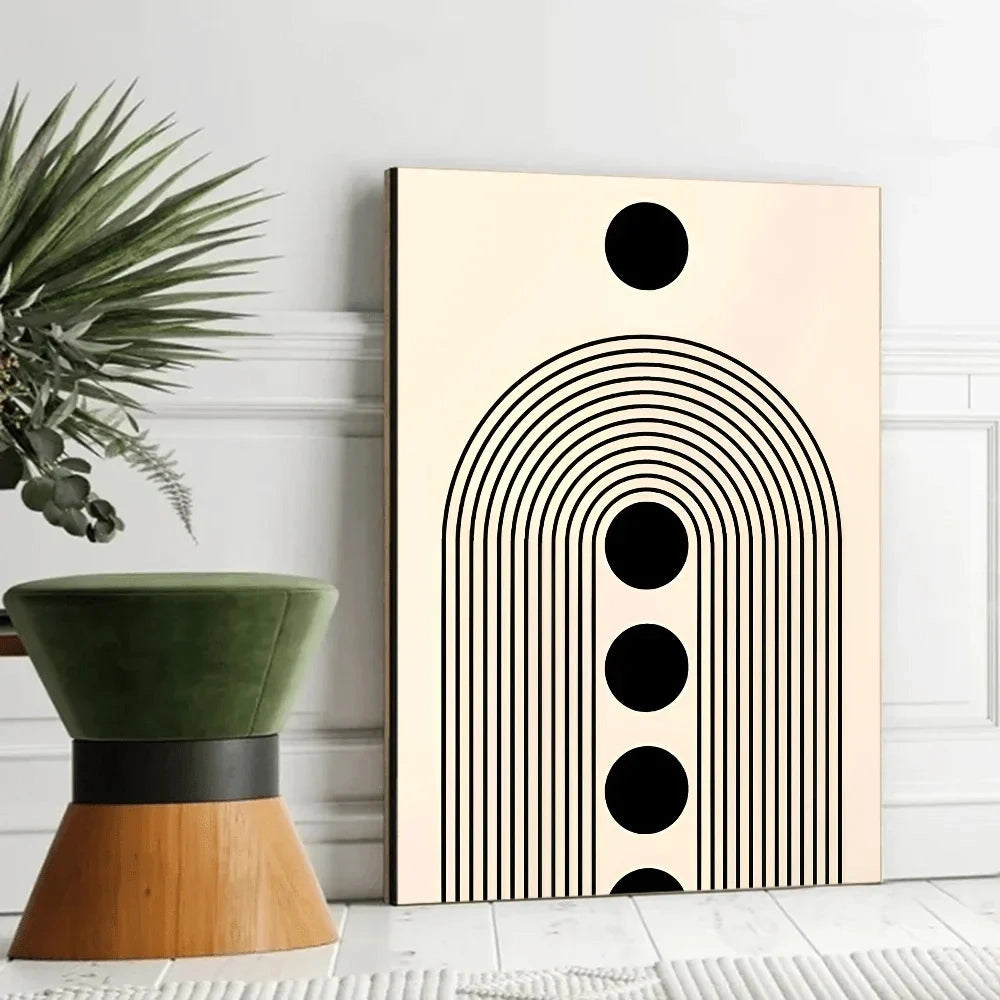 Bauhaus geometric art print featuring mid-century modern design in Design H, sized 21 x 30 cm, displayed on a wall above a wooden console with a potted houseplant, enhancing the interior decor of a living space.