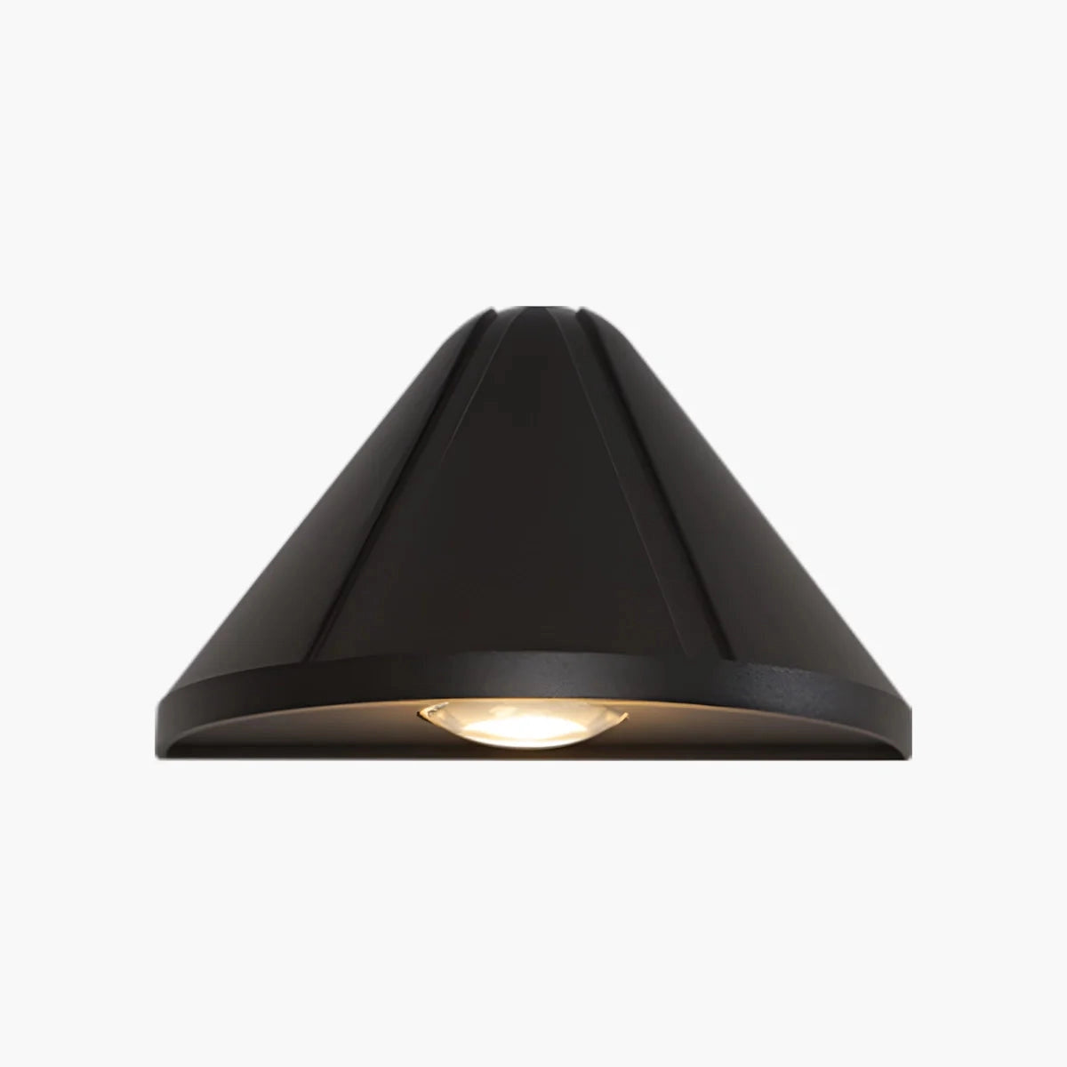 Modern black geometric pendant light with LED illumination, featuring a minimalist triangle design and metal construction, hanging from the ceiling.