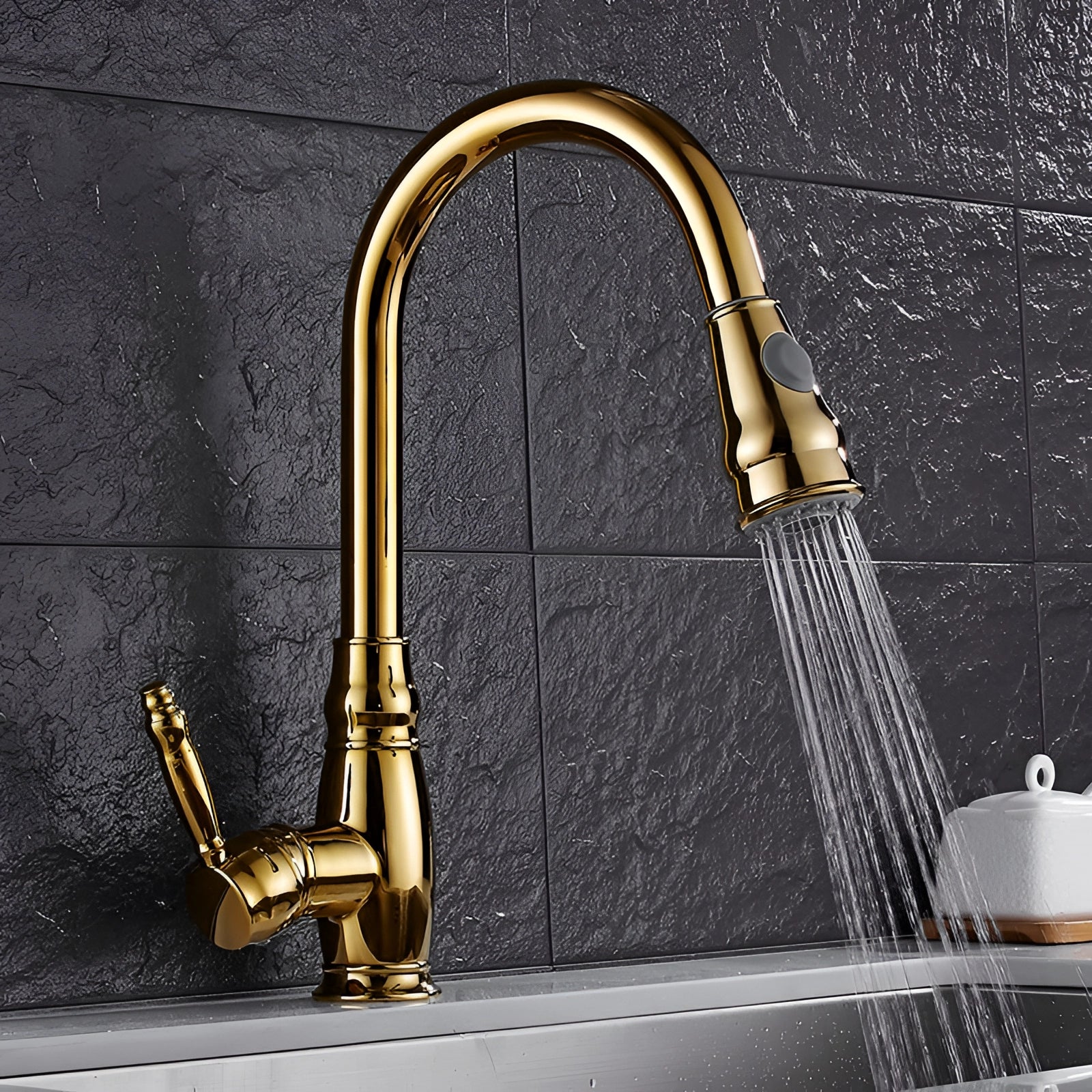 Sleek gold kitchen faucet with a pull-down sprayer and single handle design, eco-friendly construction ideal for modern plumbing.