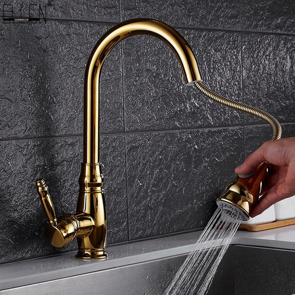 Black kitchen faucet with a pull-down sprayer and a single handle, featuring eco-friendly design.