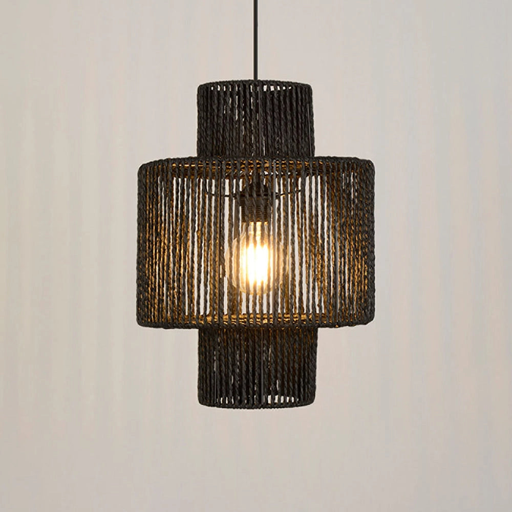 Black Rattan Woven Pendant Light hanging from ceiling, showcasing contemporary eco-friendly design with a rectangular shape and intricate weaving pattern.