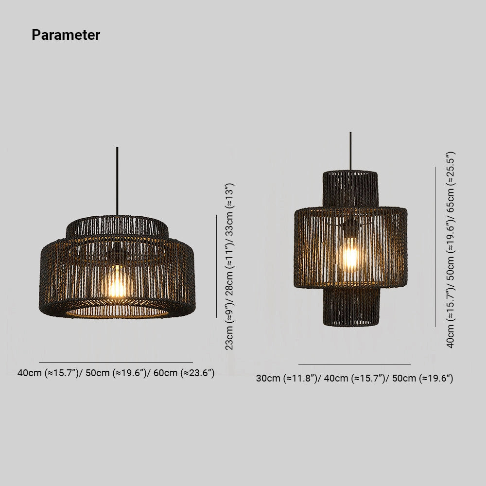 Black rattan woven pendant light with a contemporary design, featuring a cylindrical shape and eco-friendly materials.