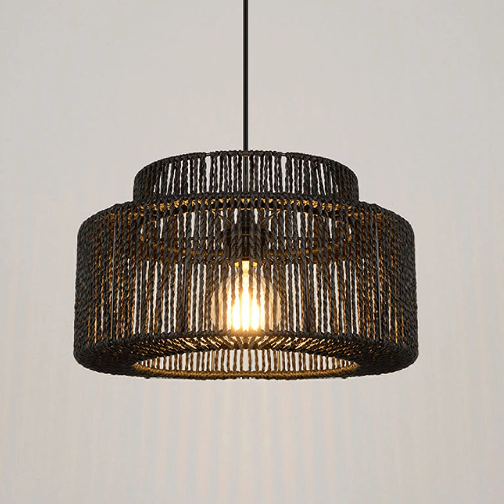 Black Rattan Woven Pendant Light - Contemporary eco-friendly lamp with a rectangular wooden frame and intricate rattan pattern, hanging from the ceiling.