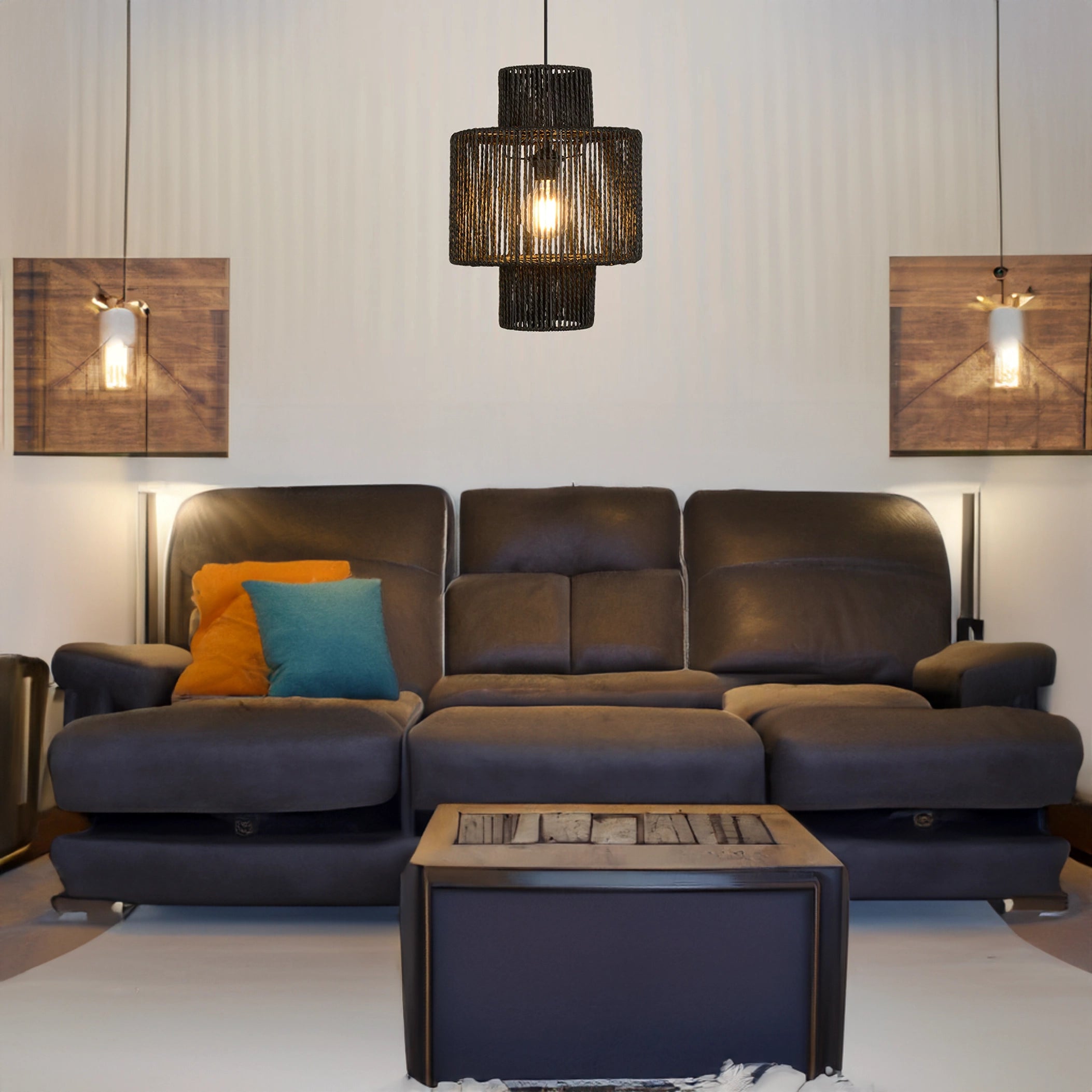 Black Rattan Woven Pendant Light hanging from the ceiling in a contemporary living room with a couch, table, and picture frame in the background, showcasing eco-friendly design and stylish lighting.