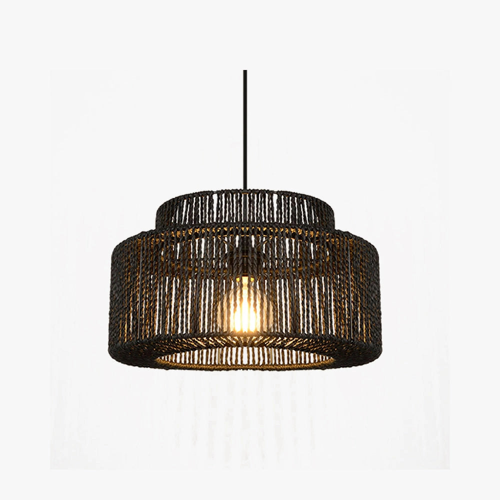 Black Rattan Woven Pendant Light with Rectangular Shade and Eco-Friendly Design Hanging from Ceiling.