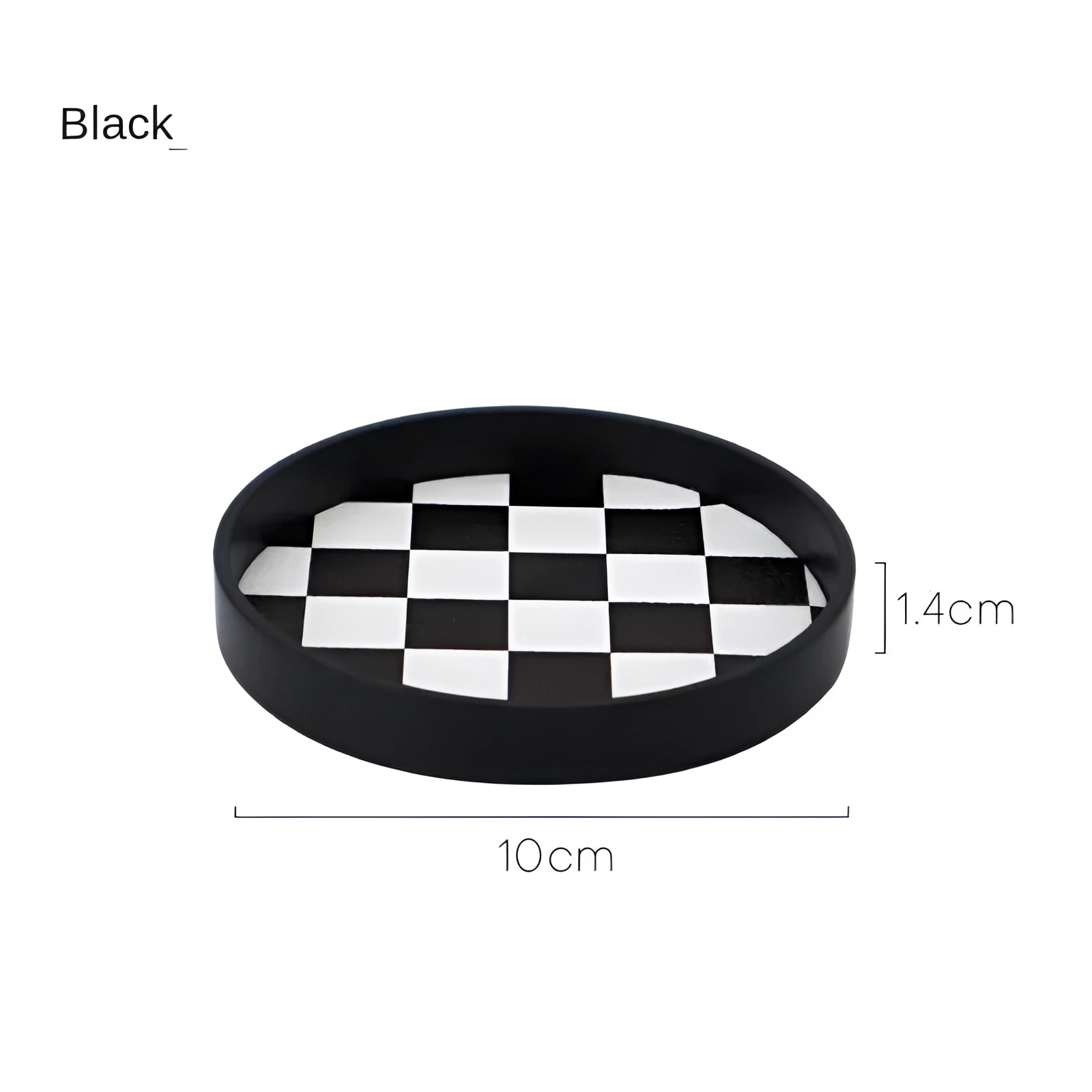 Black and white checkered ceramic trinket dish with a circular shape, measuring 10cm, designed for holding jewelry.