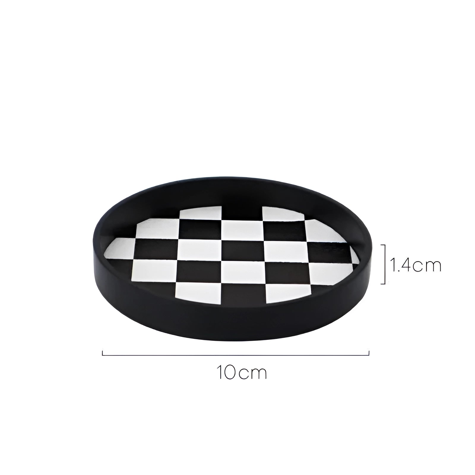 Black and white checkered ceramic trinket dish with a circular design, measuring 10cm in diameter, used for holding jewelry or small accessories.