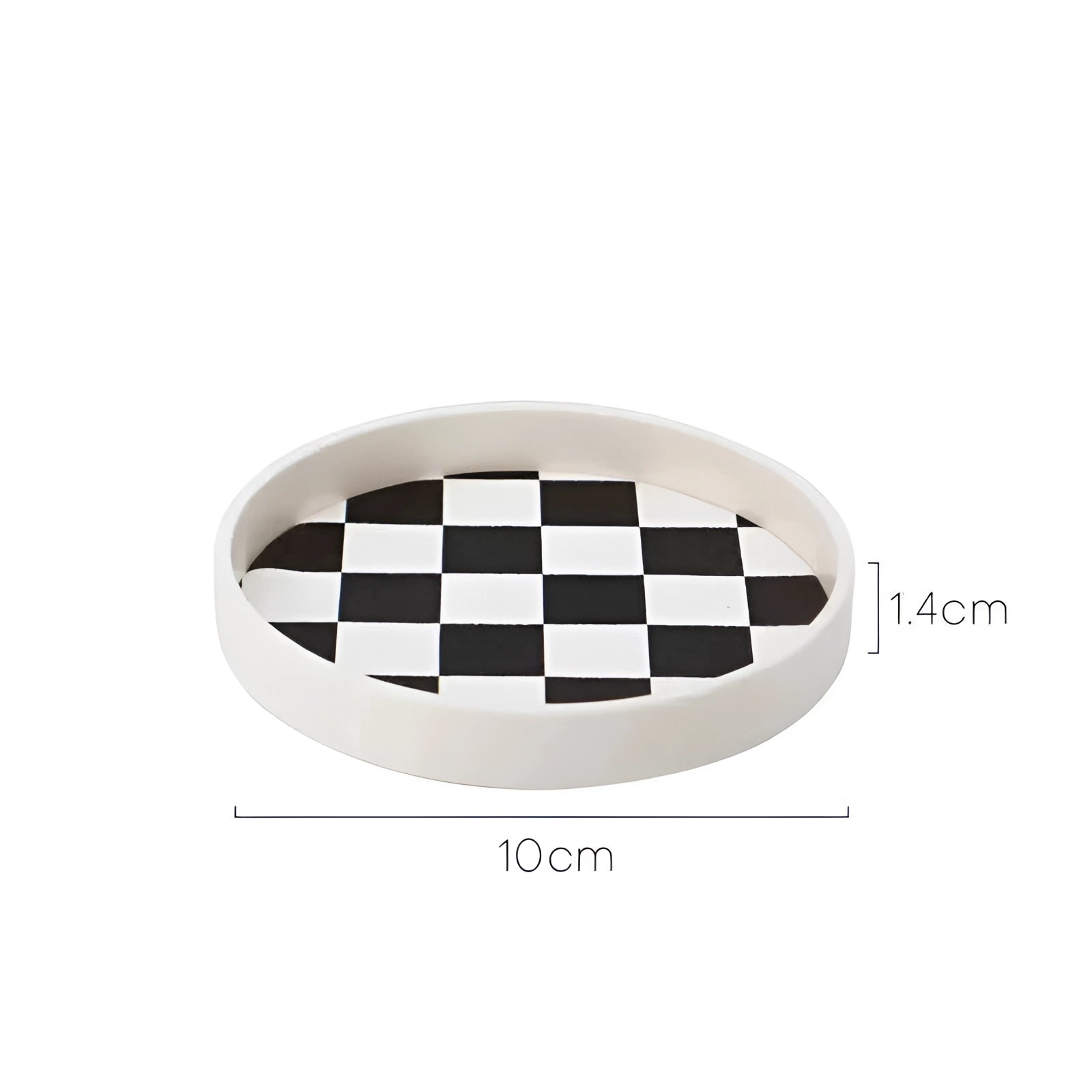 Black and white checkered ceramic trinket dish, 10cm in diameter, designed as a jewelry holder with a circular shape.