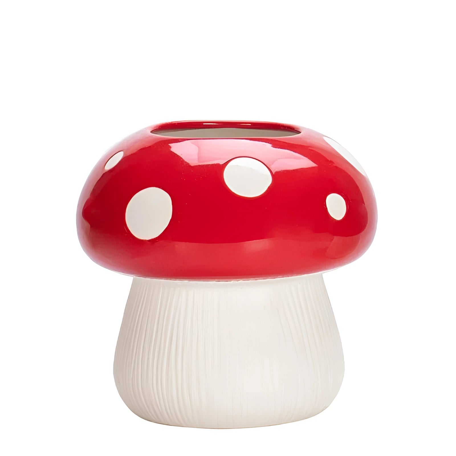 
Red ceramic mushroom table lamp with whimsical black and white polka dot design, featuring a vibrant red top and a playful, decorative style.