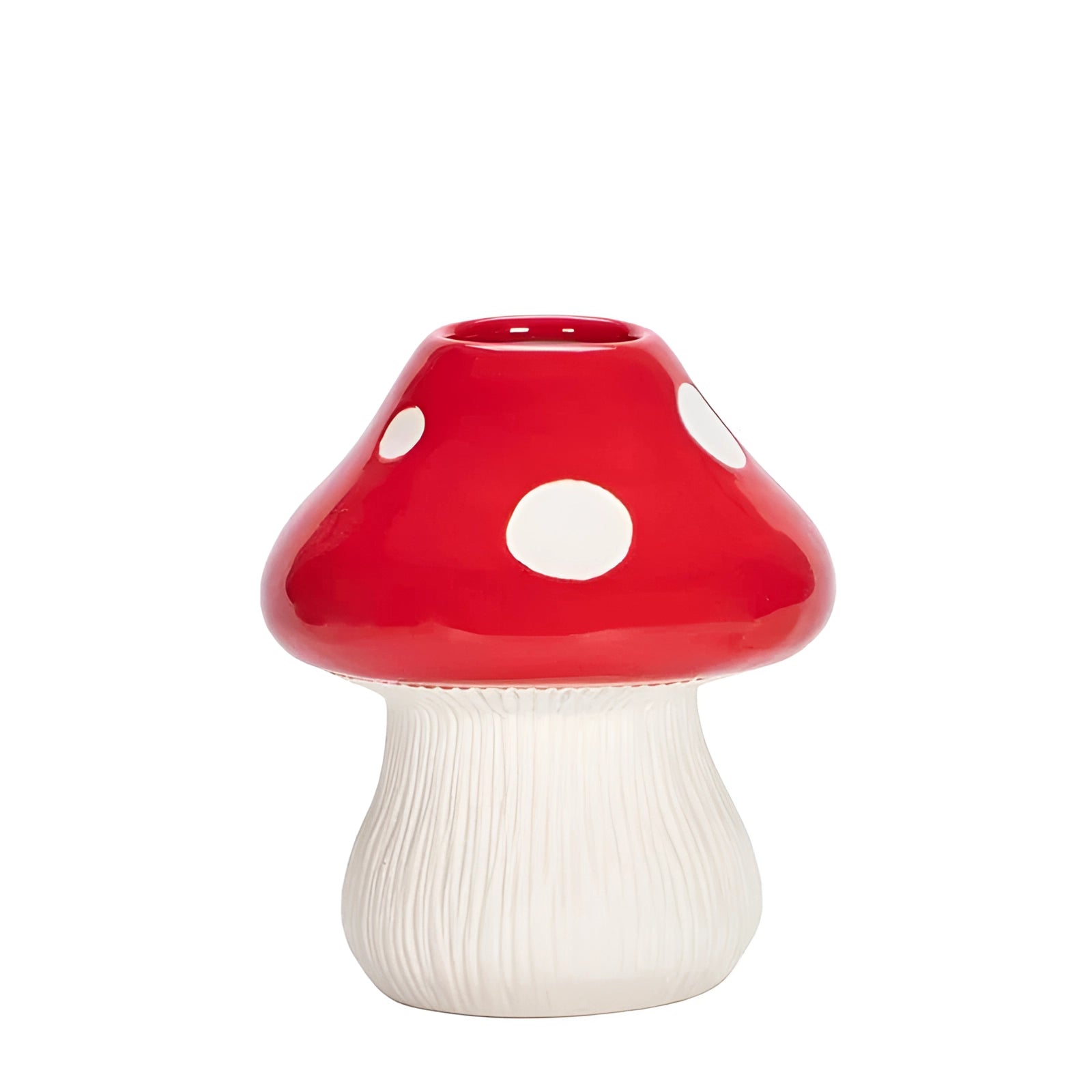 
Red ceramic mushroom table lamp with a whimsical black and white polka dot design.