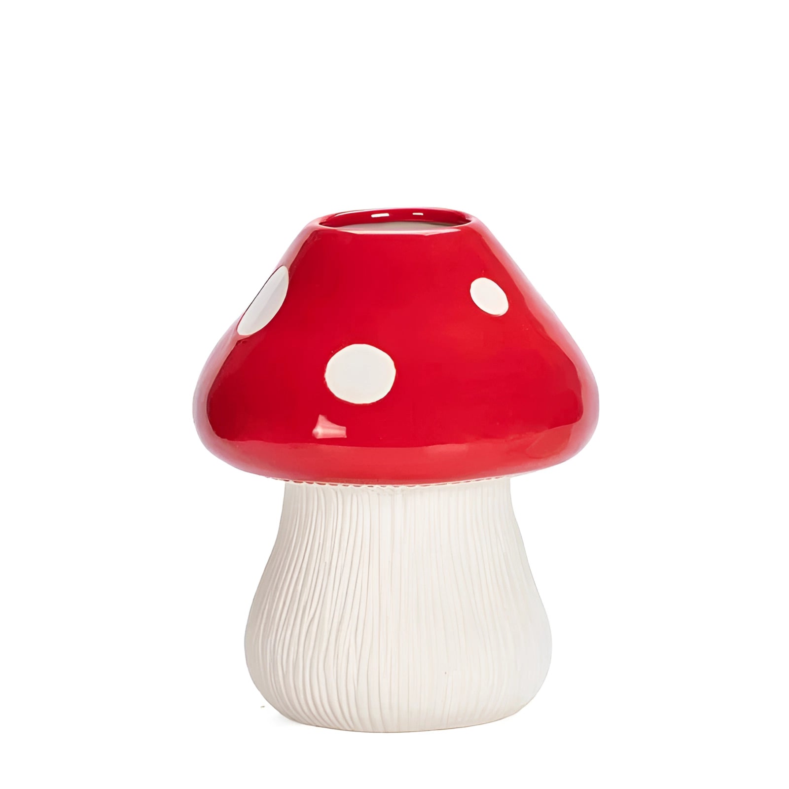 Ceramic table lamp in mushroom shape with a whimsical black and white polka dot design, featuring a vibrant red accent.