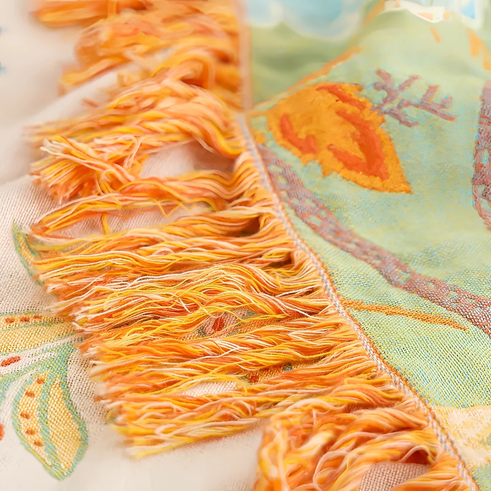 Bohemian Floral Fringed Throw Blanket in shades of orange and peach, featuring a soft and cozy cotton fabric with an intricate floral pattern and delicate fringe detailing.