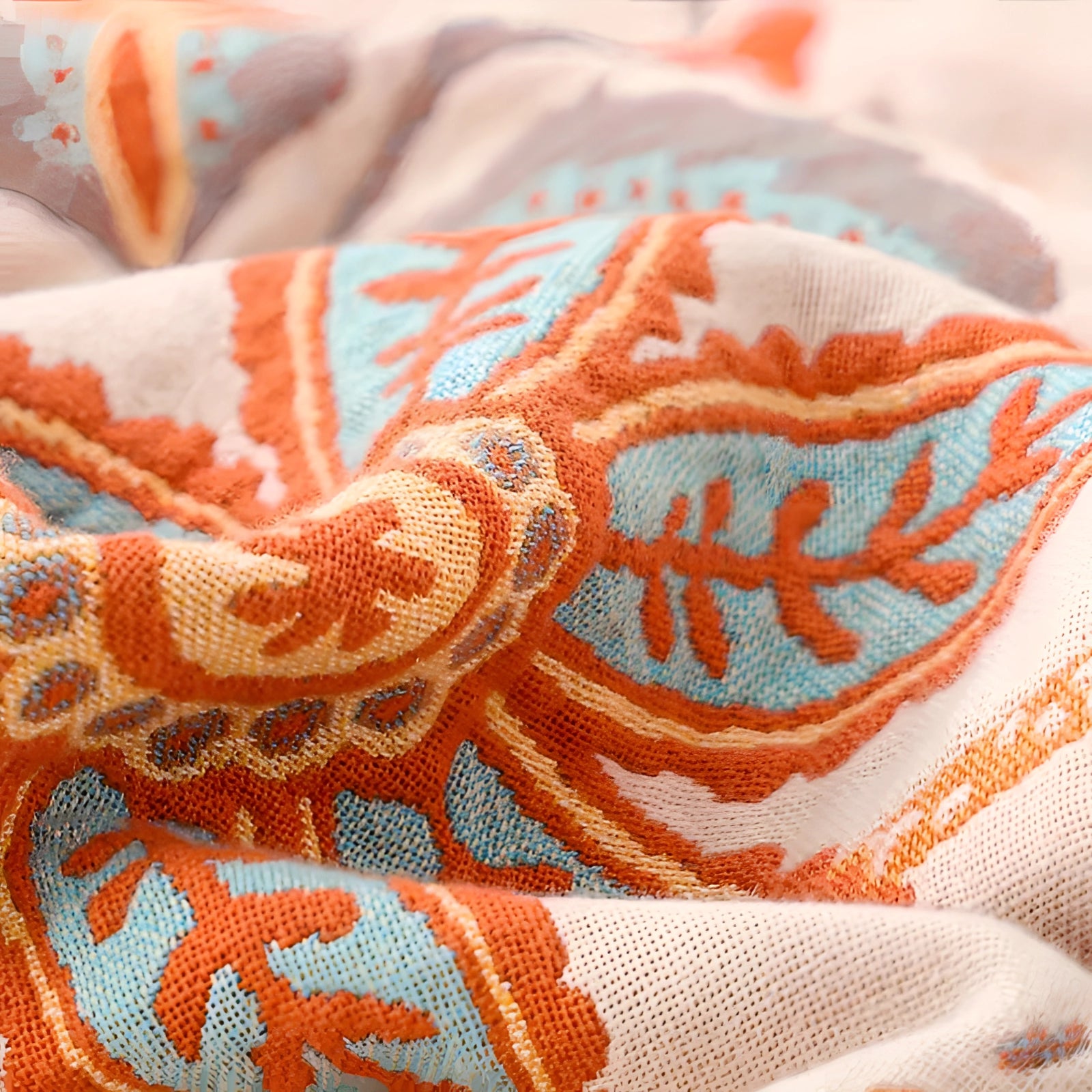 Bohemian floral fringed throw blanket in shades of orange and peach with intricate patterns, made of soft and cozy cotton fabric.