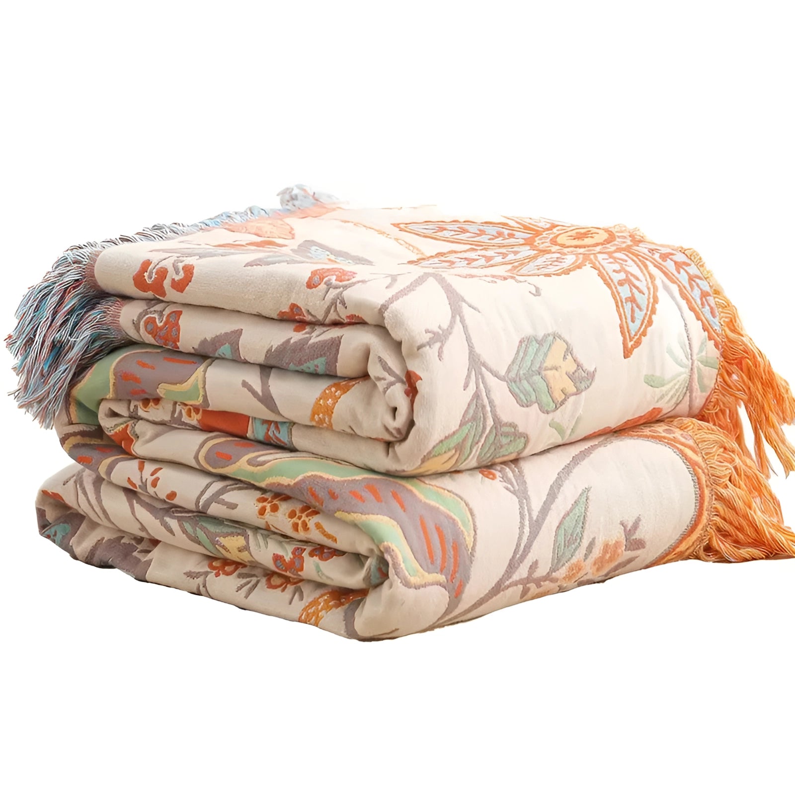 Bohemian floral fringed throw blanket with a soft and cozy cotton texture, featuring an intricate pattern and motif in a rectangular shape, displayed in a peach color scheme.