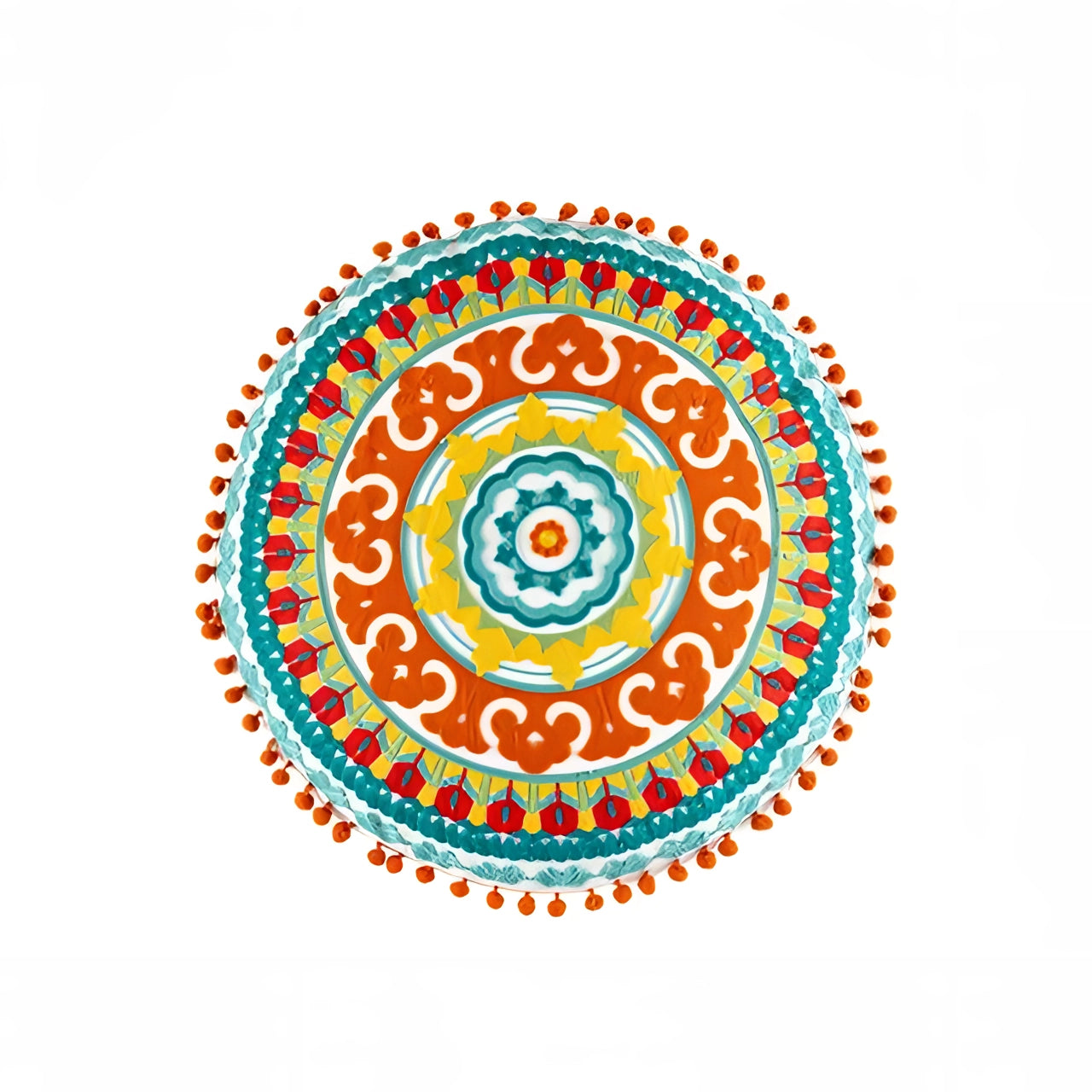 Bohemian Mandala Cotton Rug in a Sunshine variant featuring a round ethnic floral medallion design with intricate patterns and symmetrical elements, highlighted in electric blue and other vibrant colors.