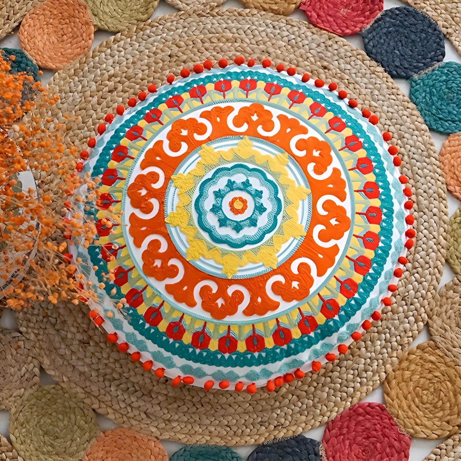 Circular Bohemian mandala cotton rug featuring an ethnic floral medallion design with intricate patterns and symmetrical motifs.