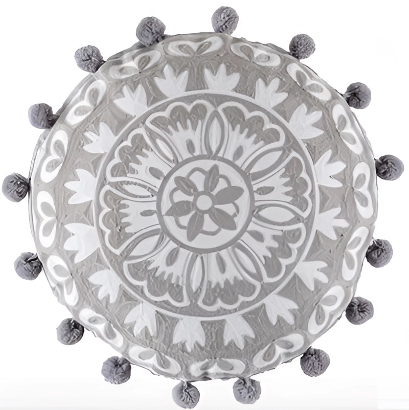 Round gray Bohemian Mandala cotton rug featuring an intricate ethnic floral medallion design with symmetrical patterns.