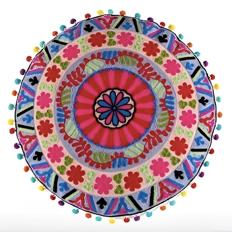 Round Bohemian Mandala Cotton Rug with an ethnic floral medallion design in vibrant shades of red, featuring intricate symmetrical patterns and a central circular motif.