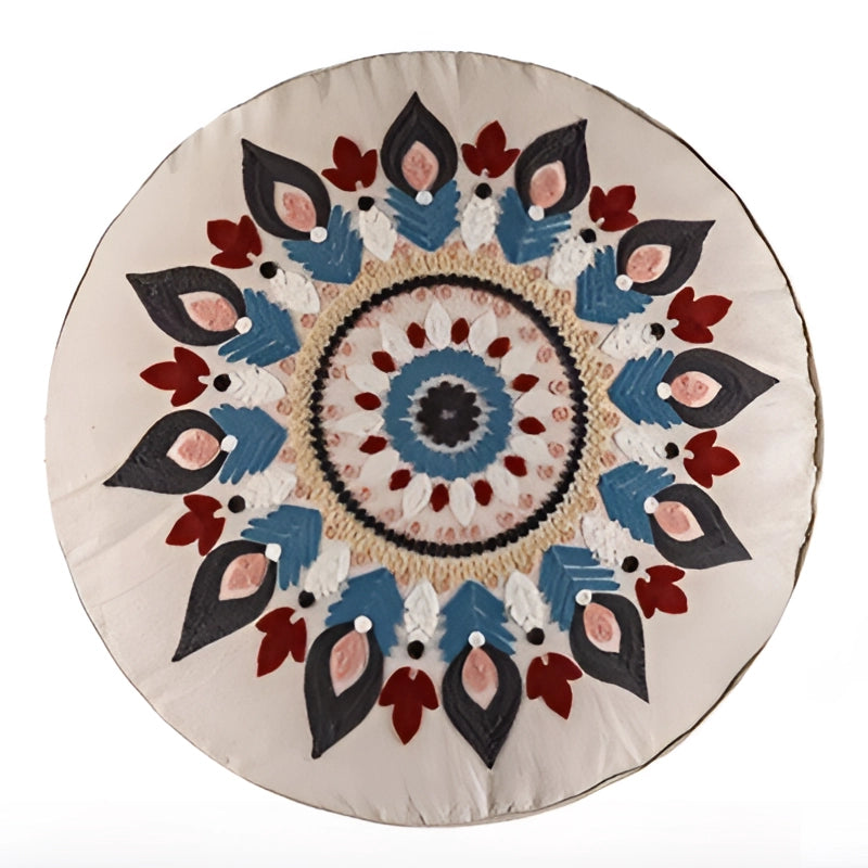 Round cotton rug featuring an intricate bohemian mandala design with ethnic floral medallions in a kaleidoscope pattern, showcasing vibrant symmetry and artistic flair.