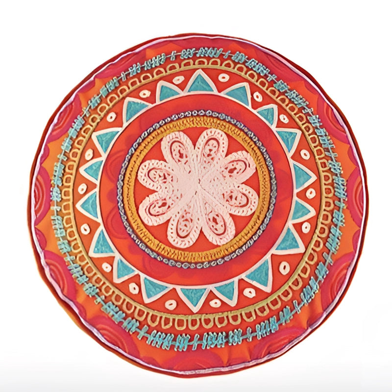 Round Bohemian Mandala Cotton Rug with an ethnic floral medallion design in a vibrant "Red Sunrise" color palette, featuring intricate circular and patterned motifs.