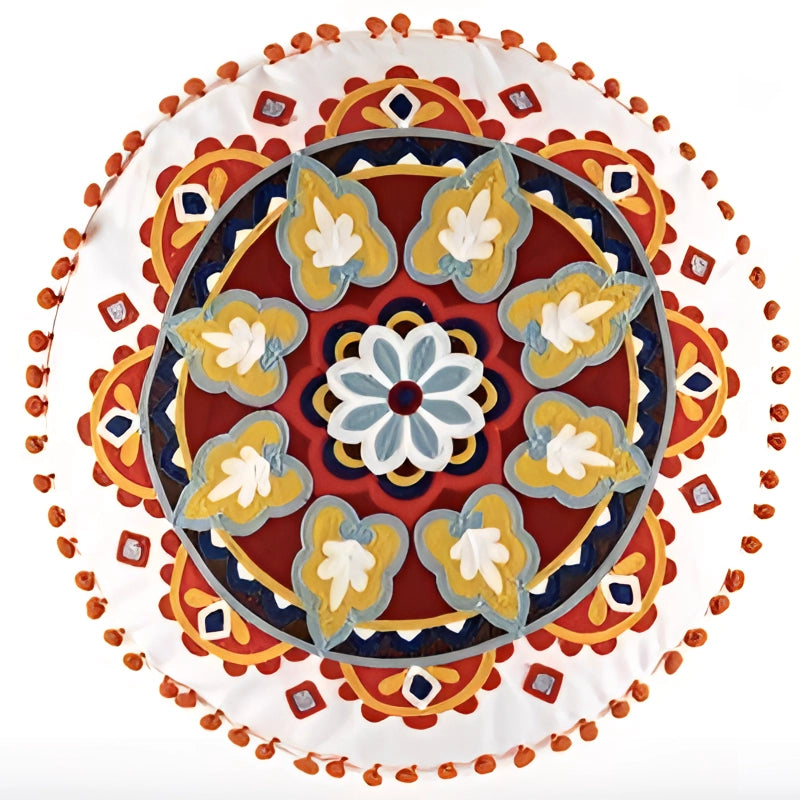 Round Bohemian Mandala Cotton Rug featuring an intricate ethnic floral medallion design in the "Flower Dance" variant, showcasing a circular pattern with symmetrical floral and artistic details.