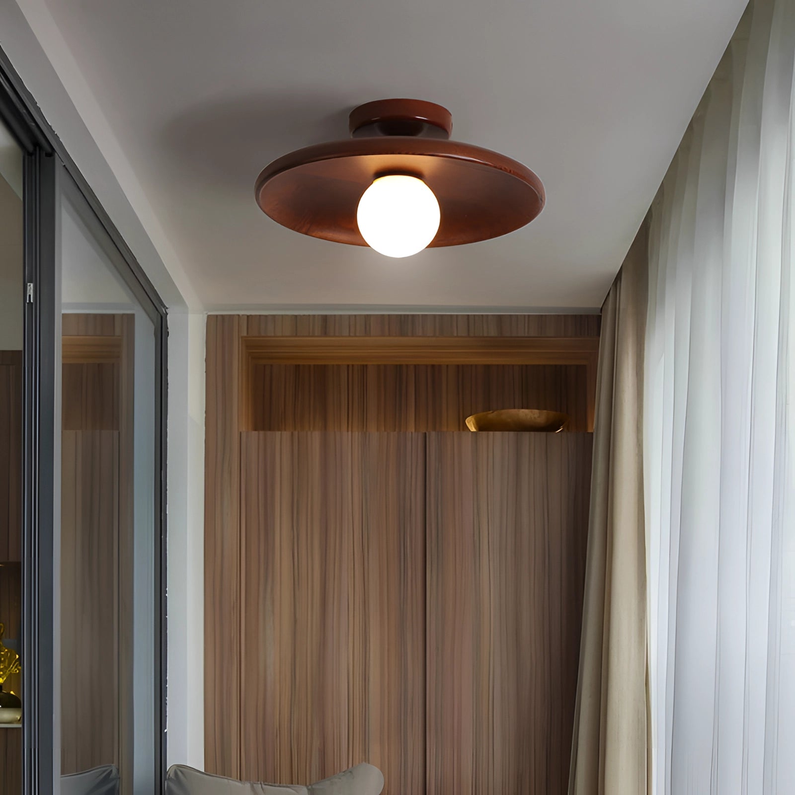 Bronze modern round flush mount ceiling light with a warm glow fixture, featuring an 11-inch walnut wood finish, ideal for enhancing interior design elements.