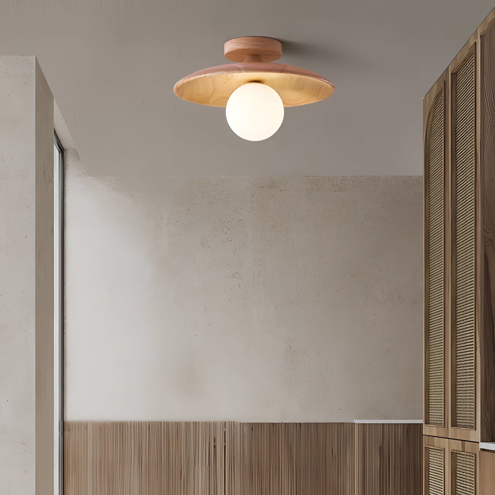 Bronze modern round flush mount ceiling light with a warm glow fixture, featuring an 11-inch wood finish accent, suitable for interior design in residential properties.