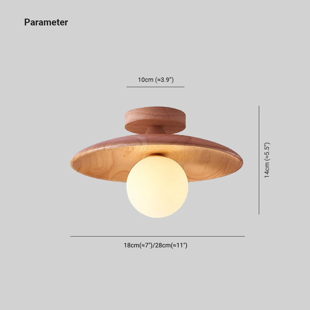 Modern bronze round flush mount ceiling light with a warm glow, featuring metal and wood elements in a circular design.