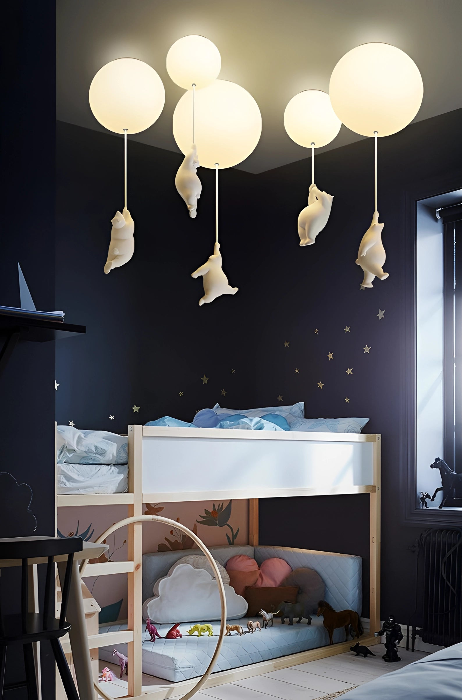 Modern animal-themed cat pendant light hanging from the ceiling, illuminating a room with white walls, wooden floor, and minimalist interior design elements.