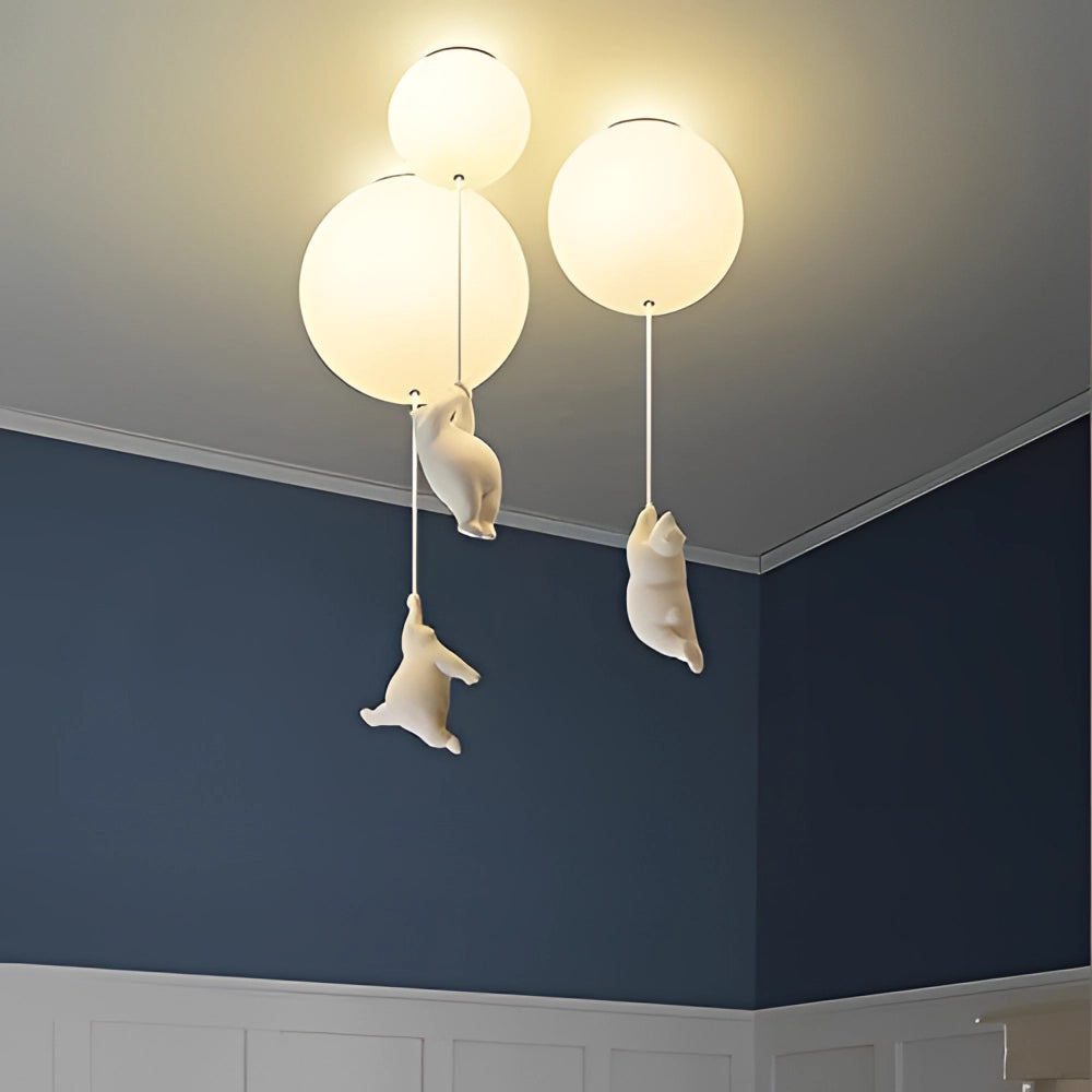 Modern cat pendant light fixture with a unique animal-themed design, featuring a natural wood material and artistic lampshade, hanging from the ceiling.