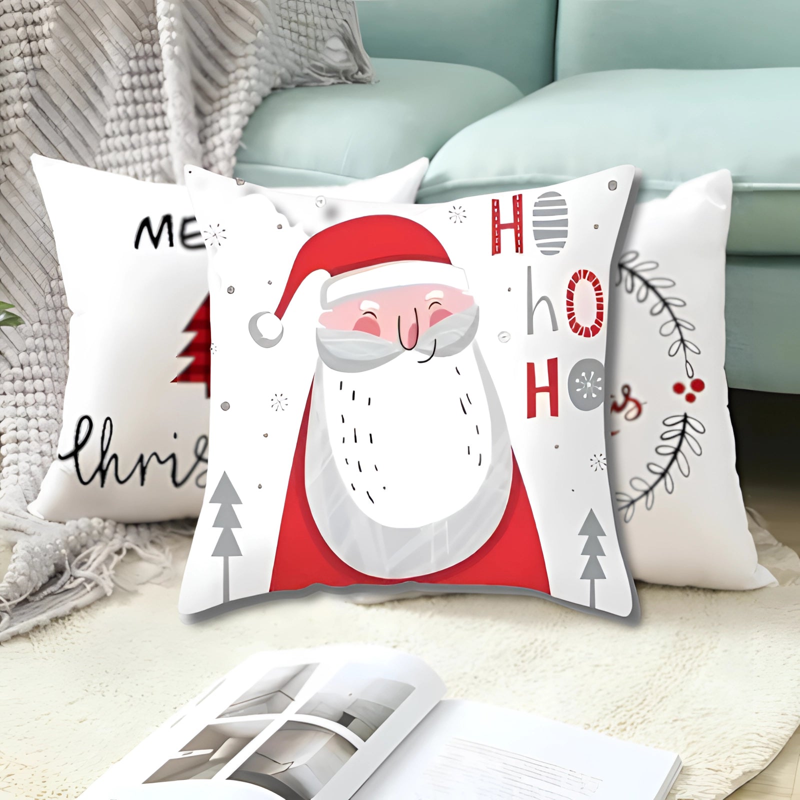 Christmas cushion cover featuring a reindeer and snowflake design, showcasing holiday-themed patterns on a soft, rectangular white pillow.