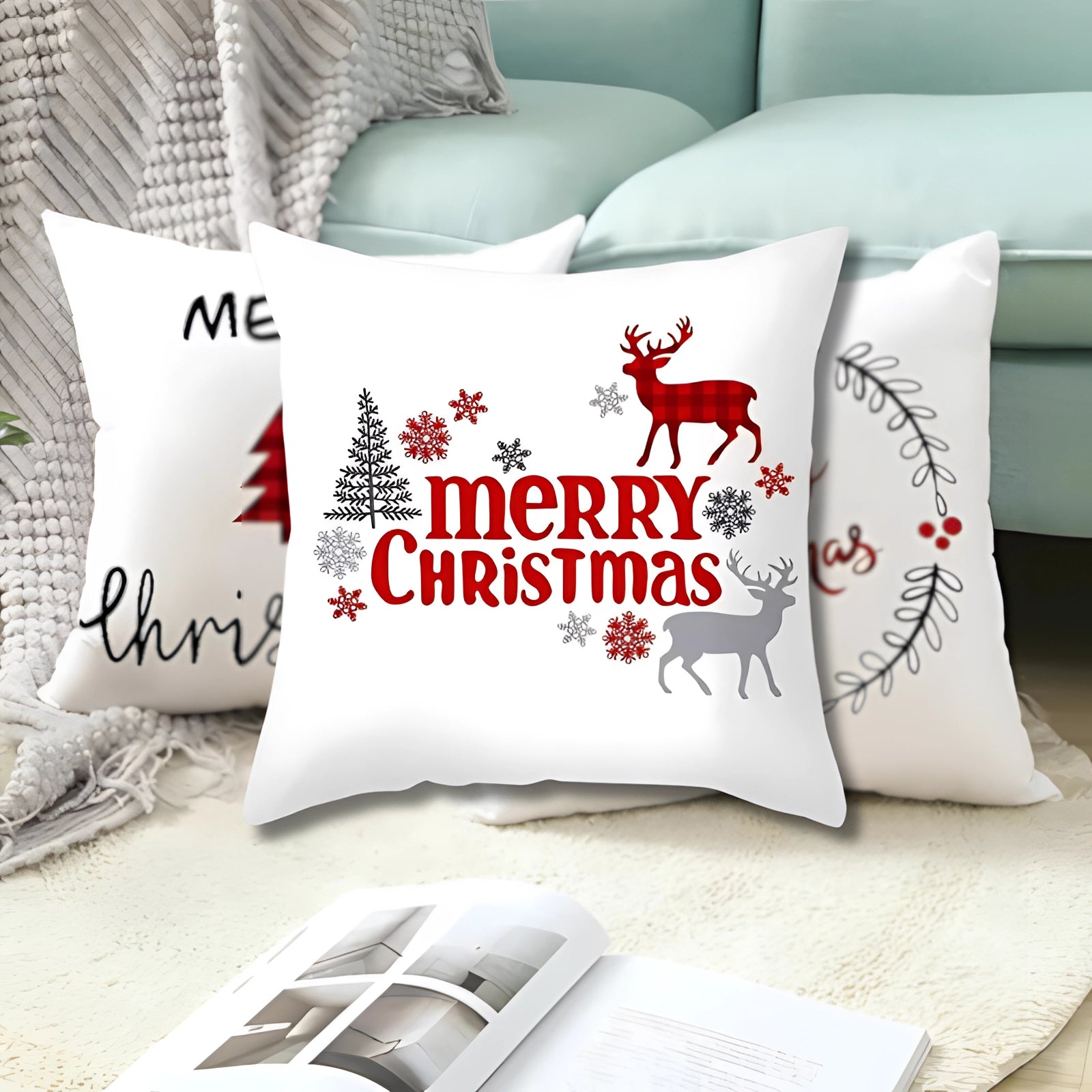 Christmas-themed rectangular cushion cover featuring a reindeer and snowflake pattern in white textile. Ideal for holiday decor, this throw pillow cover adds comfort and festive charm to any living space.