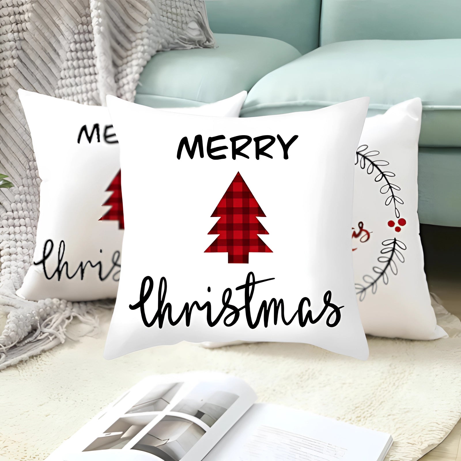 Christmas-themed rectangular cushion cover featuring a design of a reindeer and snowflakes on a white textile background, ideal for holiday decor and adding comfort to bedding.