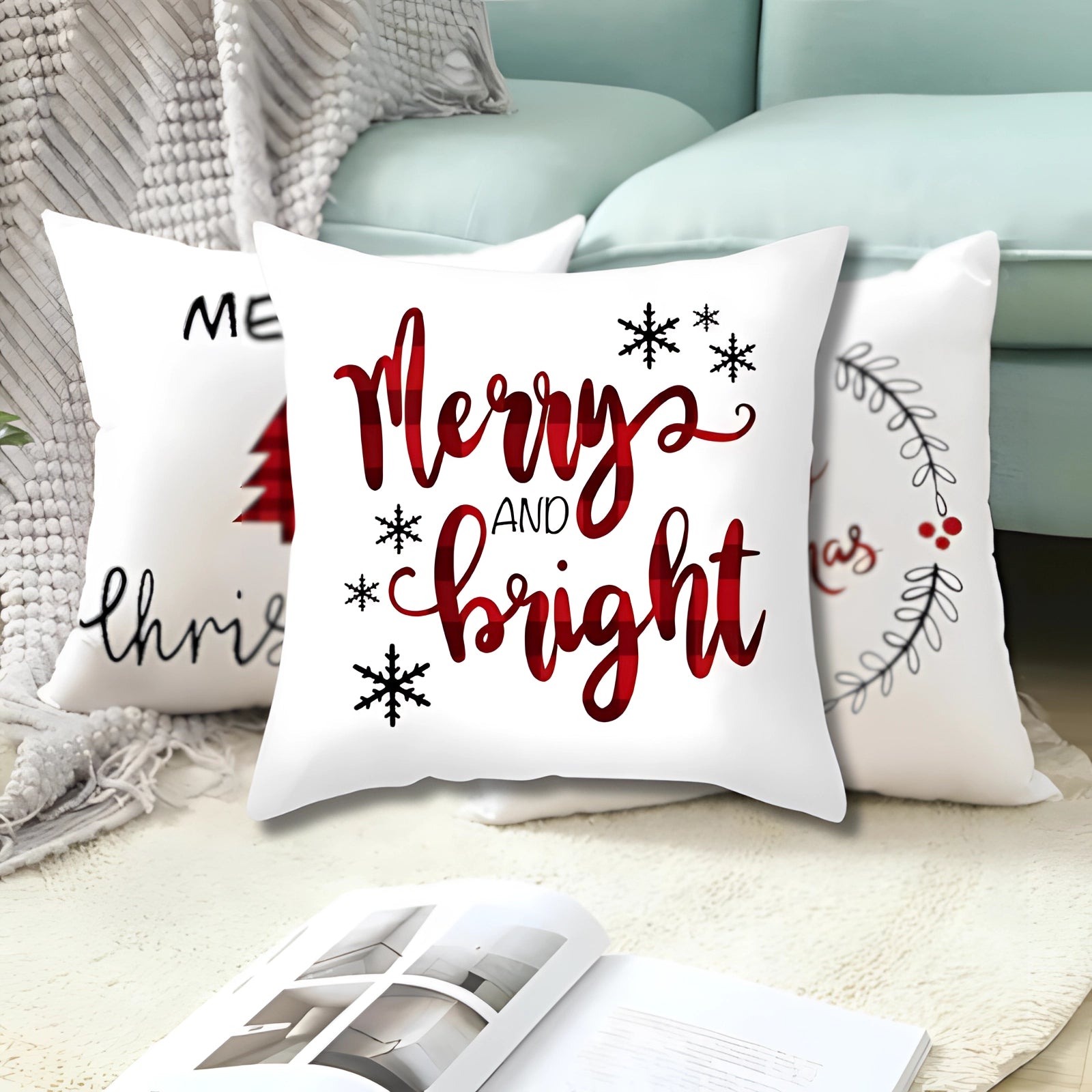 Christmas-themed cushion cover featuring reindeer and snowflake design on a rectangular pillow, made from comfortable white textile material.