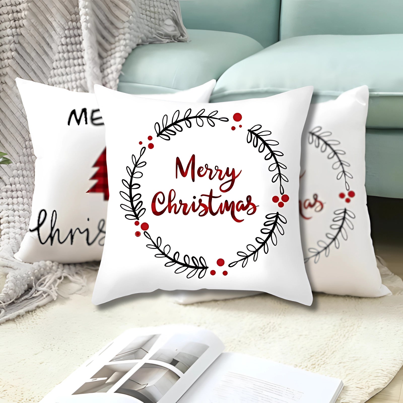 Christmas-themed cushion cover featuring a reindeer and snowflake design, in rectangular shape, with white textile material and comfortable fabric, suitable for holiday decor.