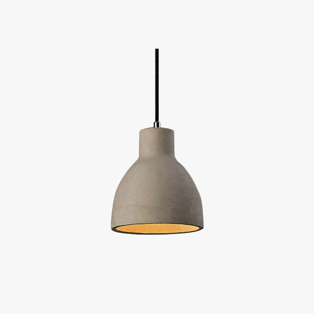 Concrete pendant light with a minimalist grey finish, featuring a cone-shaped design, hanging from a ceiling fixture.