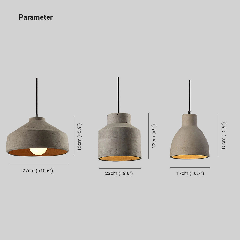 Concrete pendant light with a minimalist industrial design in grey, featuring a cone shape and metal accents, hanging against a simple background.